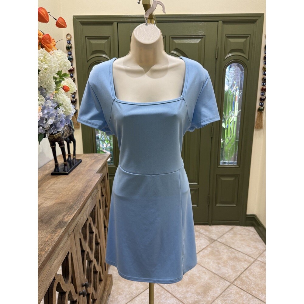 Whisper Light Blue Mini Dress with Square Neckline and Short Sleeves – Size XXL